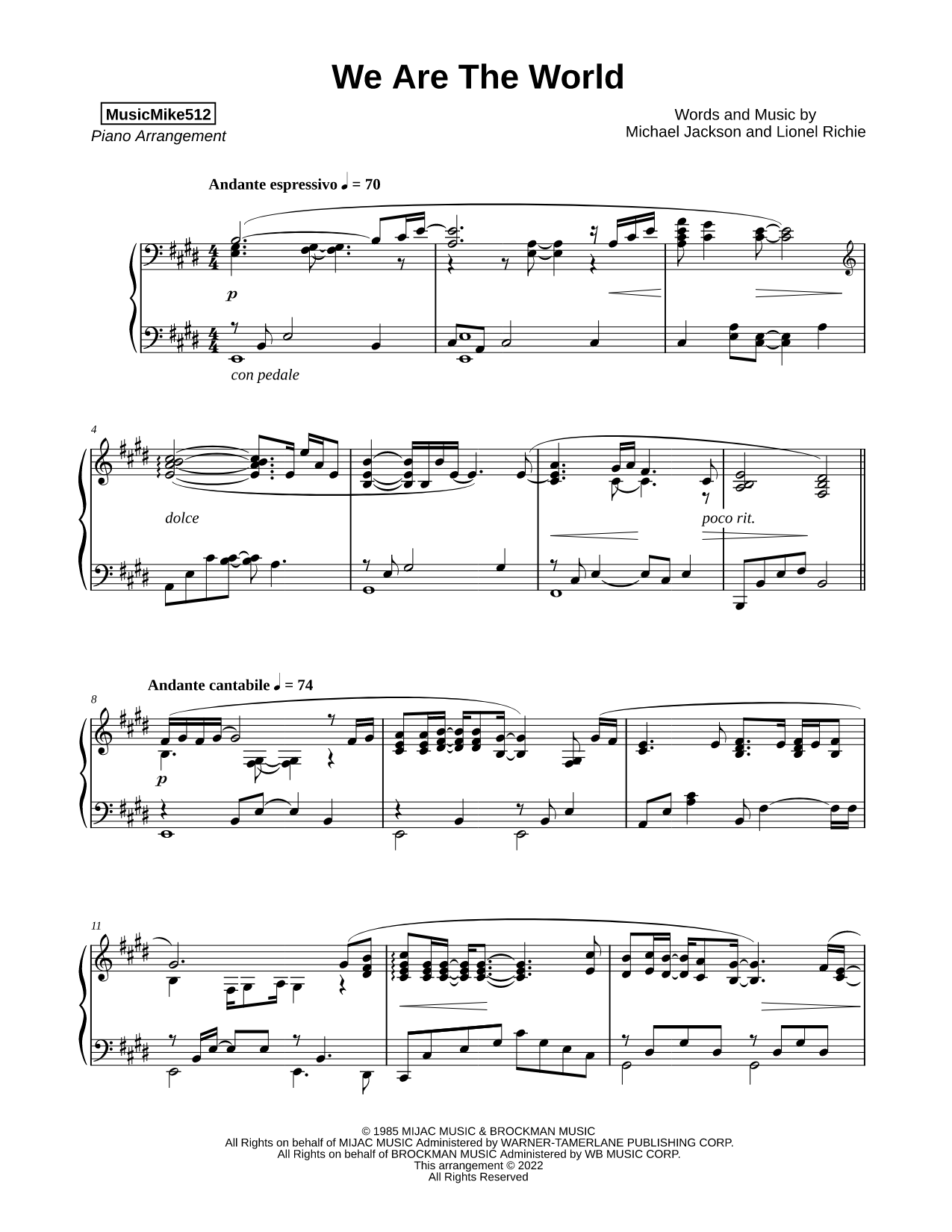 We Are the World Sheet Music — Piano Solo