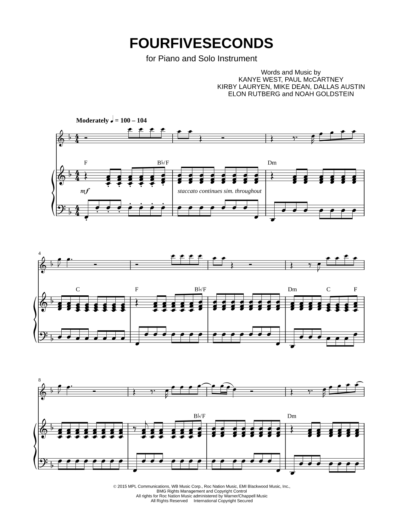 FourFiveSeconds - Piano Accompaniment