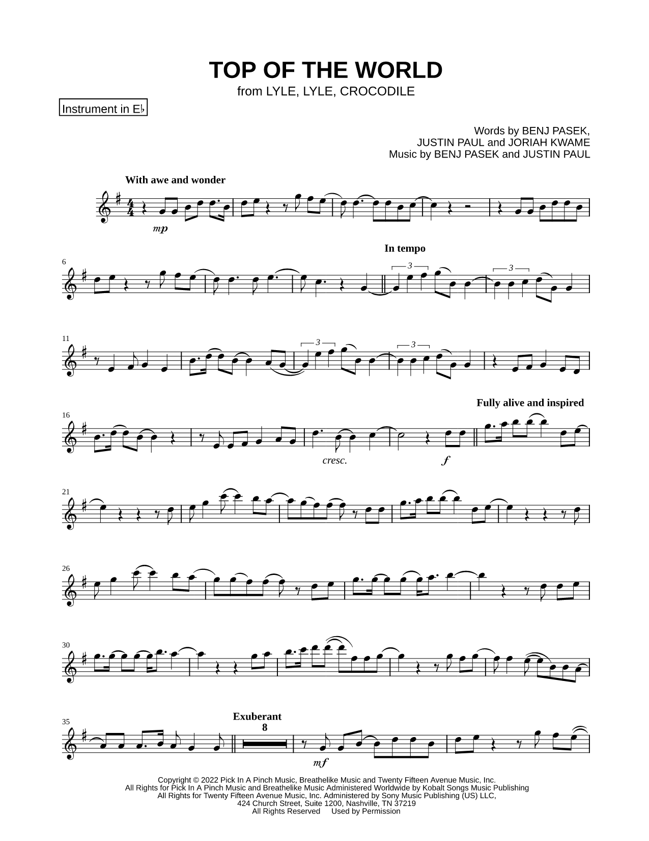 Top of the World - Eb Instrument