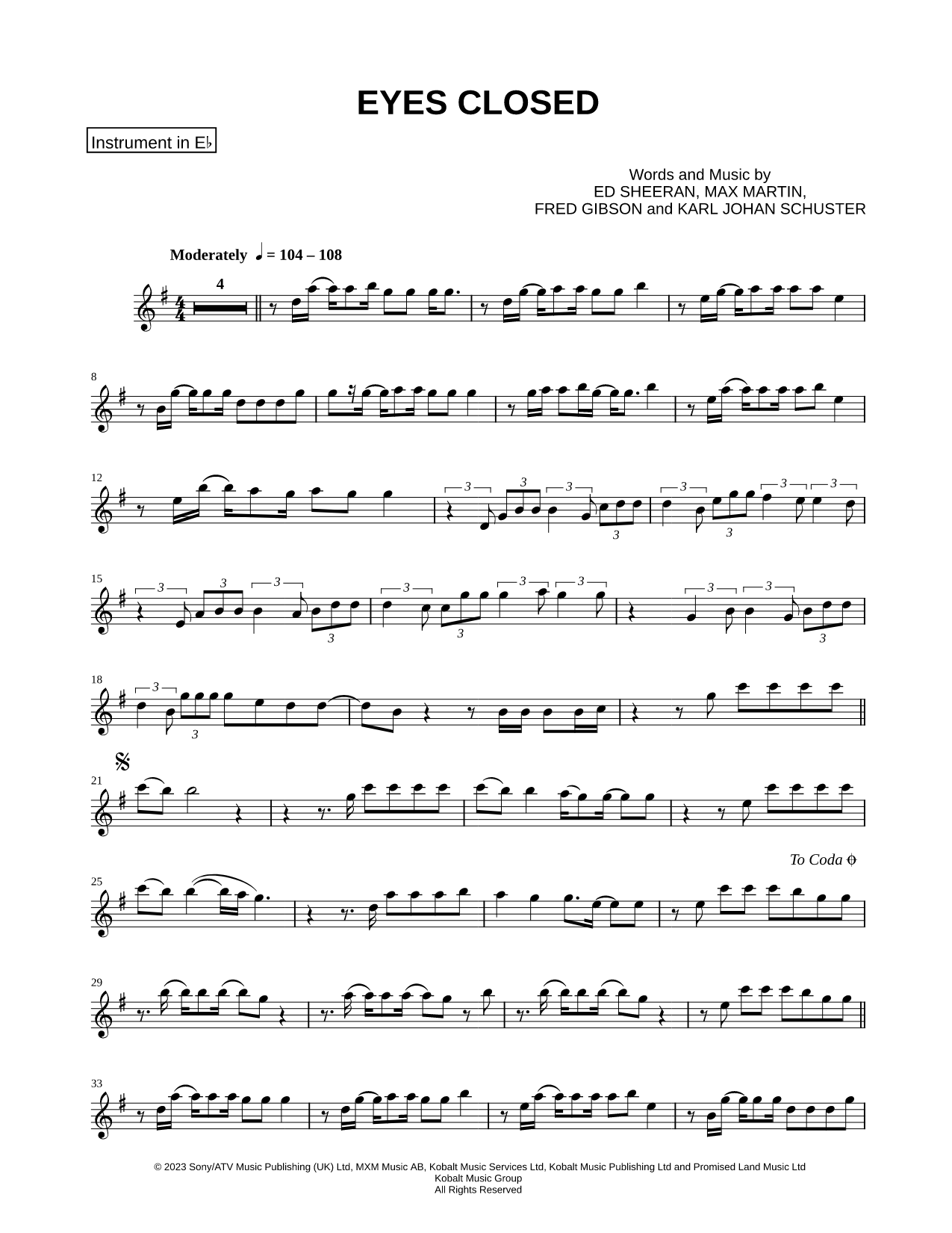 Eyes Closed - Eb Instrument