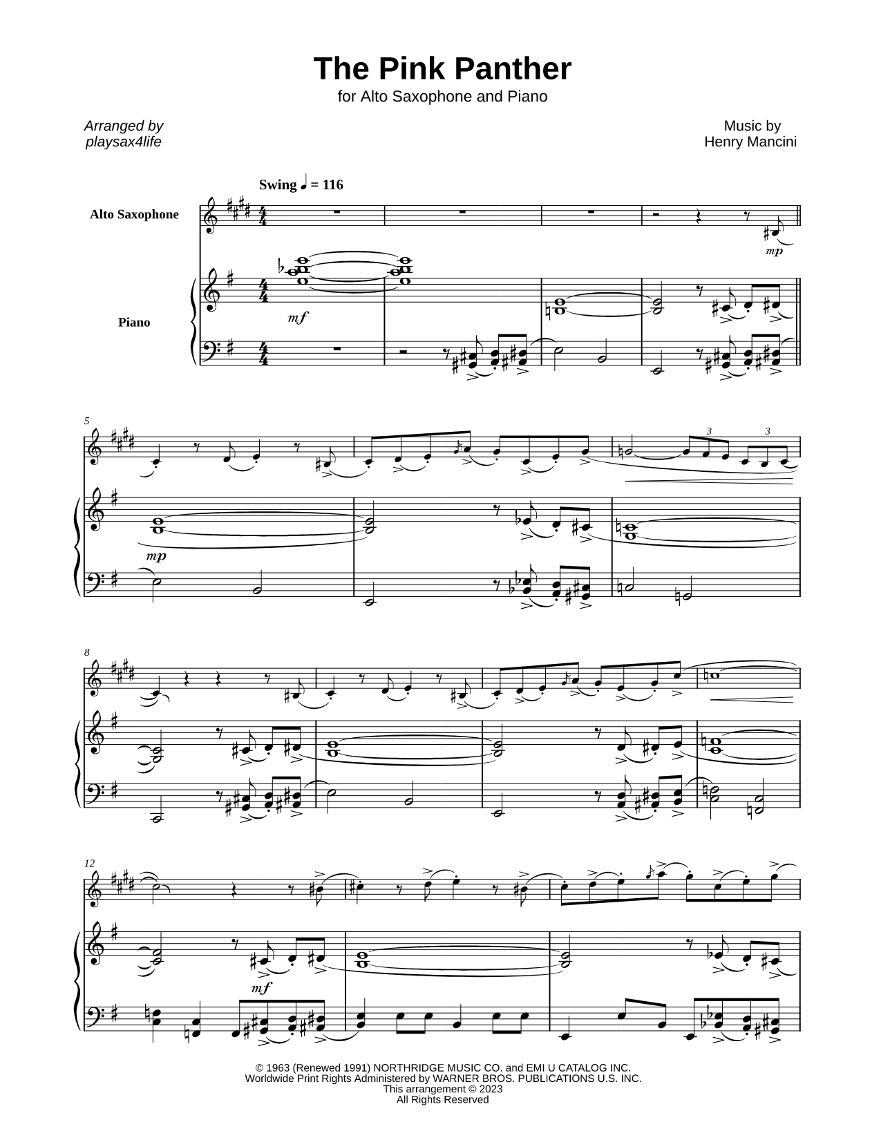 The Pink Panther - Alto Saxophone & Piano