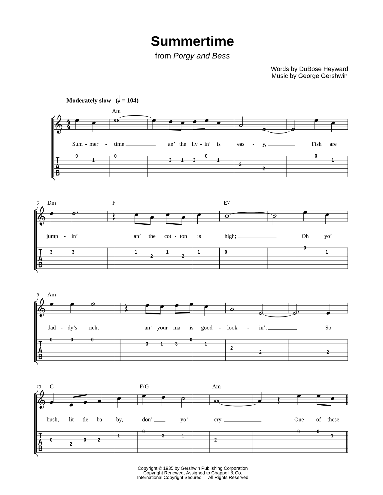 Summertime Sheet Music — Easy Guitar TAB