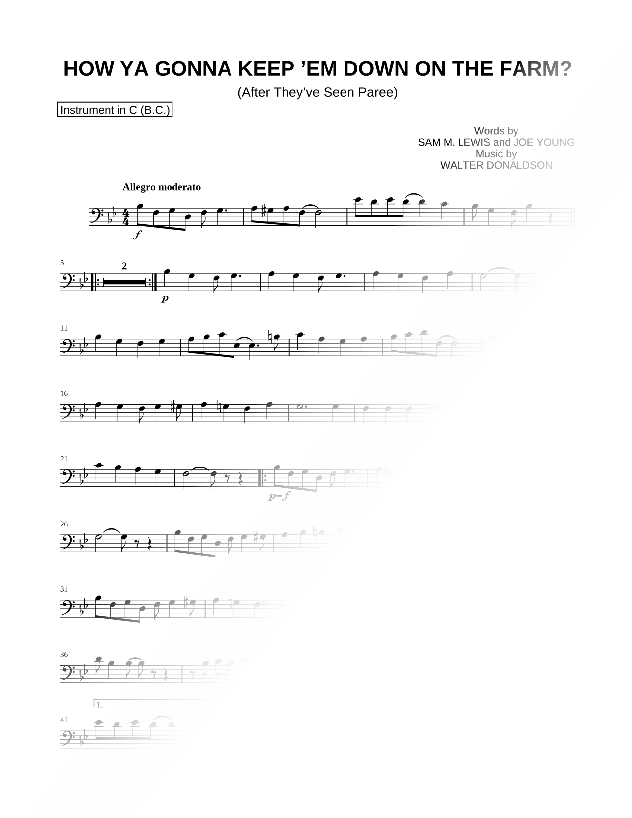How Ya Gonna Keep 'Em Down on the Farm? (After They've Seen Parree) - Bass Clef Instrument