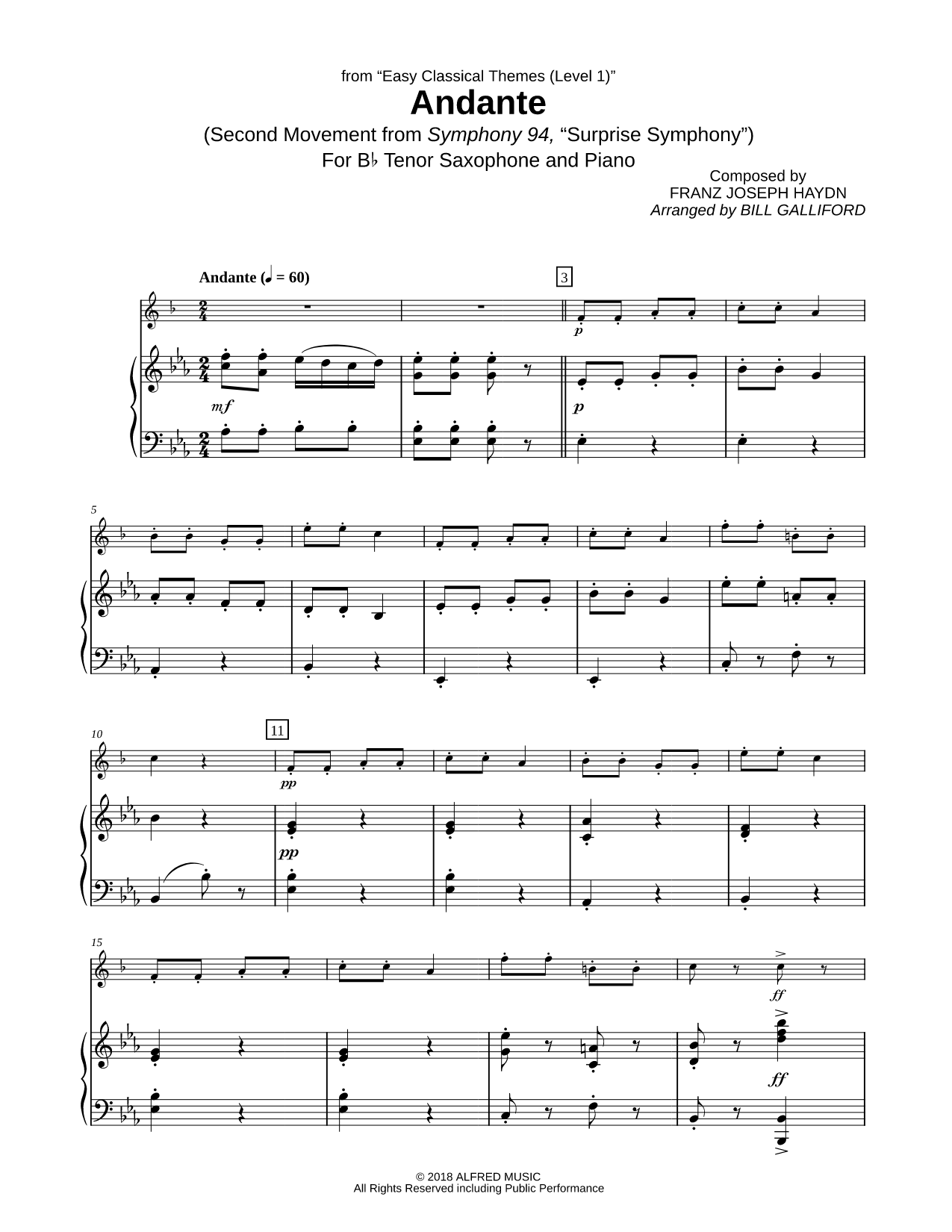 Andante from Surprise Symphony - Tenor Saxophone & Piano