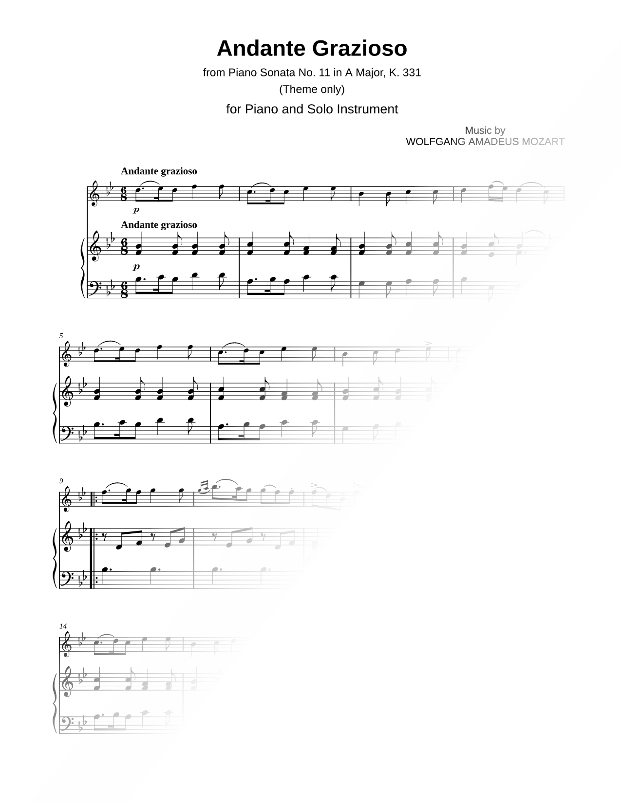 Sonata No. 11 in A Major, K. 331: 1. Andante Grazioso (Theme) - C Instrument & Piano