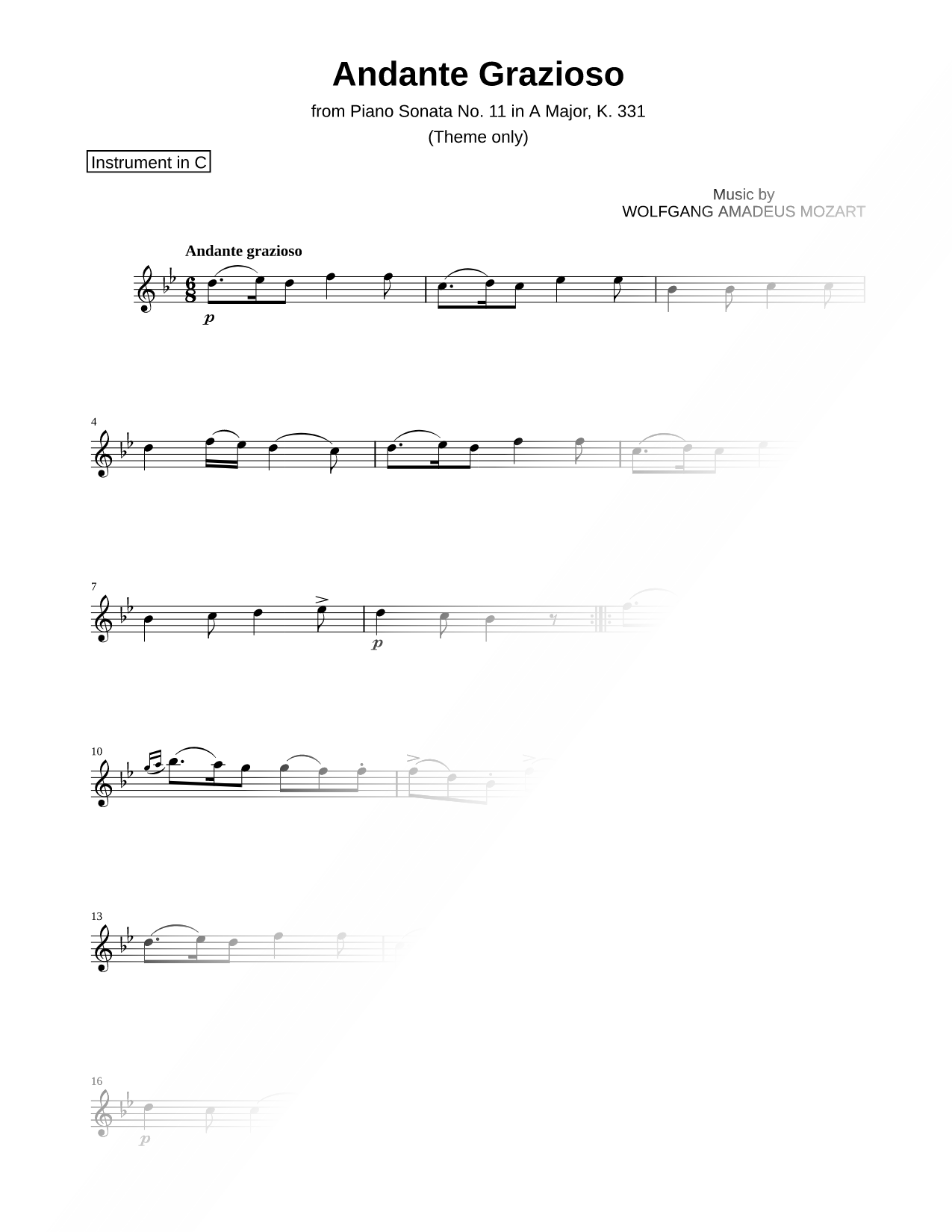 Sonata No. 11 in A Major, K. 331: 1. Andante Grazioso (Theme) - C Instrument