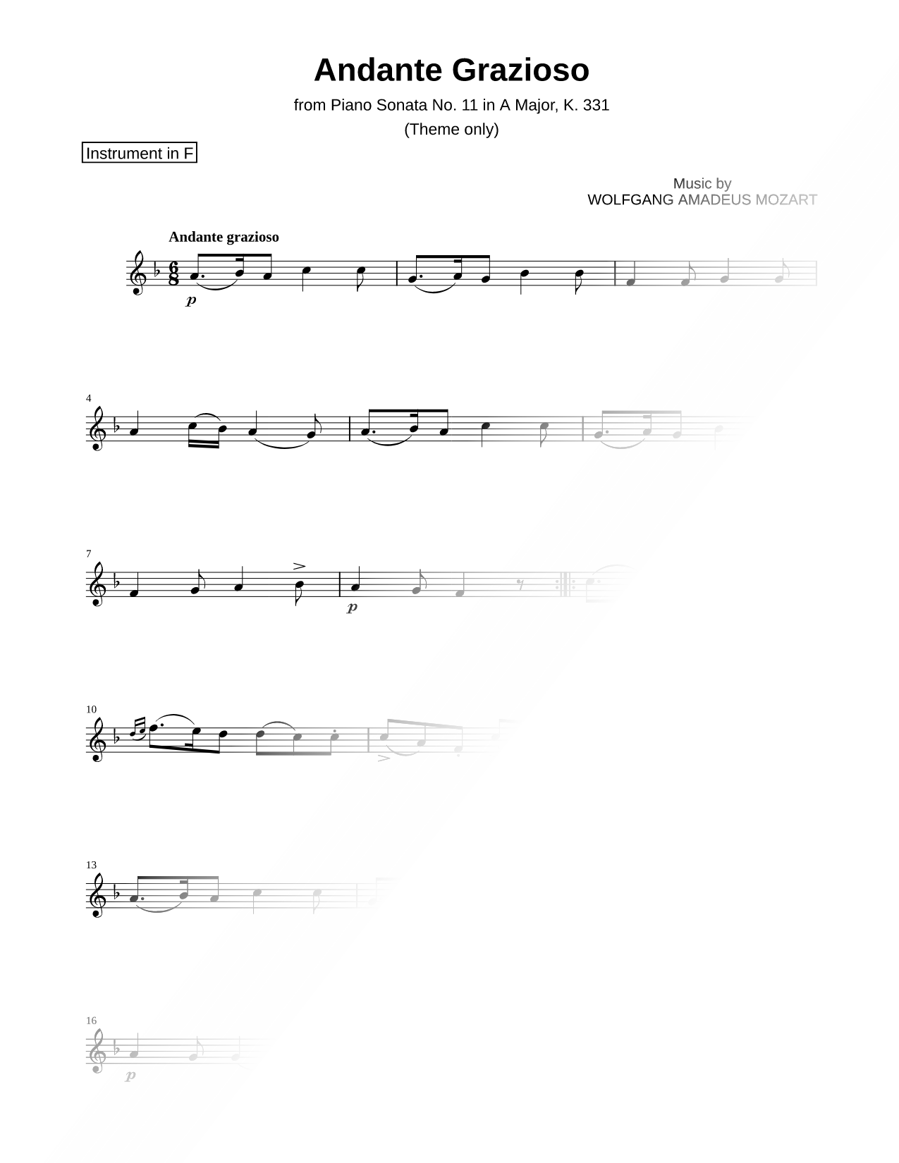 Sonata No. 11 in A Major, K. 331: 1. Andante Grazioso (Theme) - F Instrument