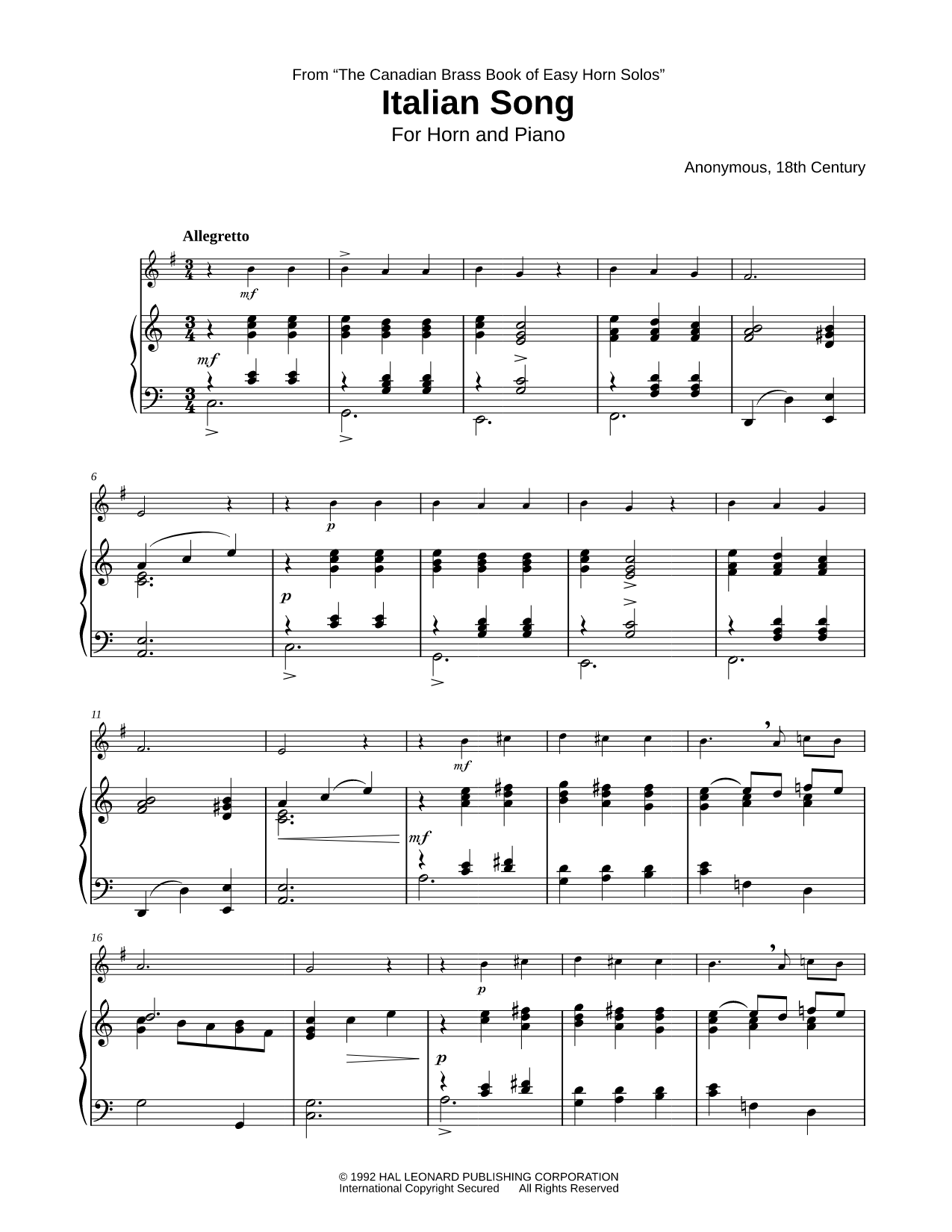 Italian Song - French Horn & Piano