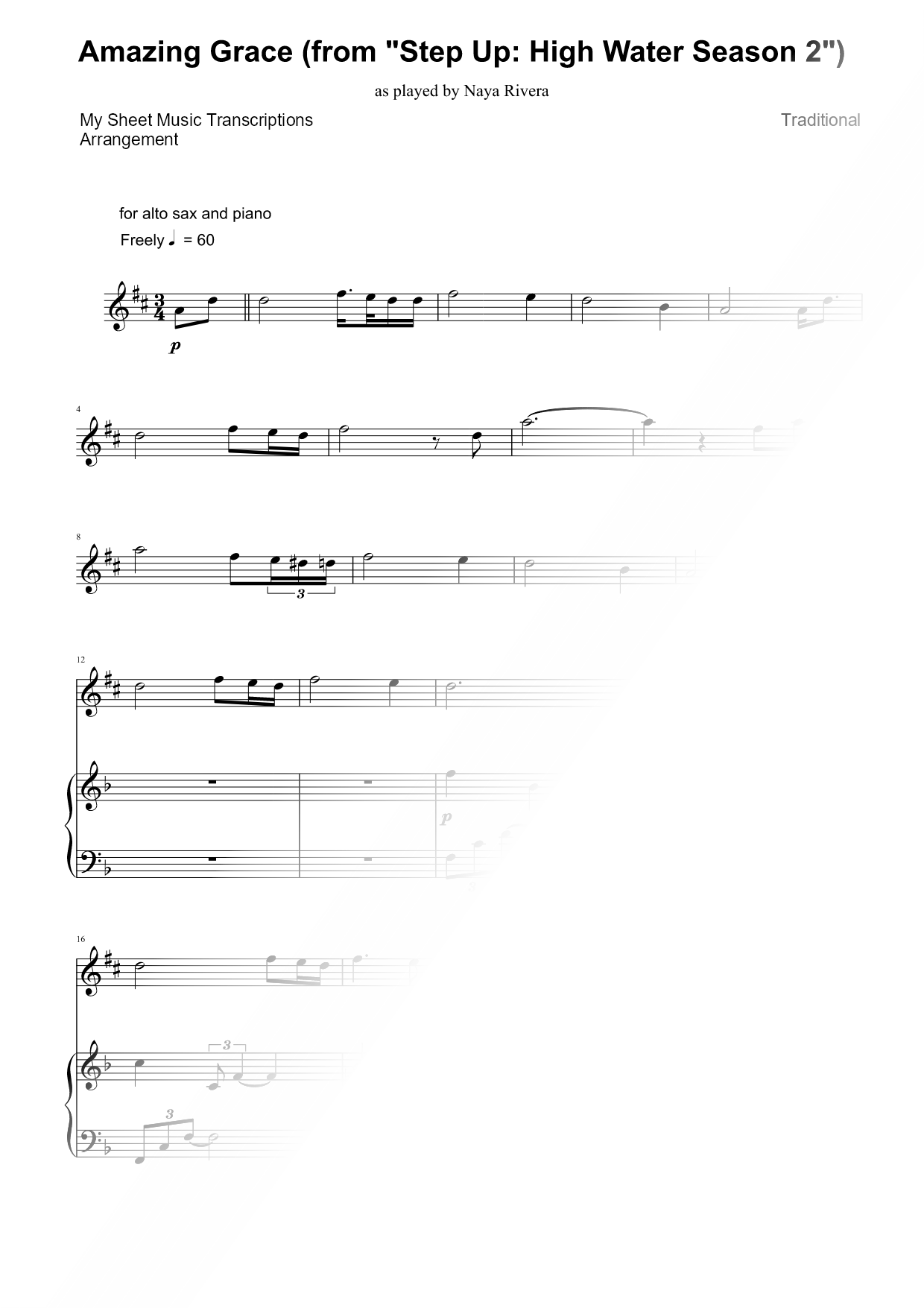 Amazing Grace - Alto Saxophone &amp; Piano Sheet Music — Solo &amp; Accompaniment