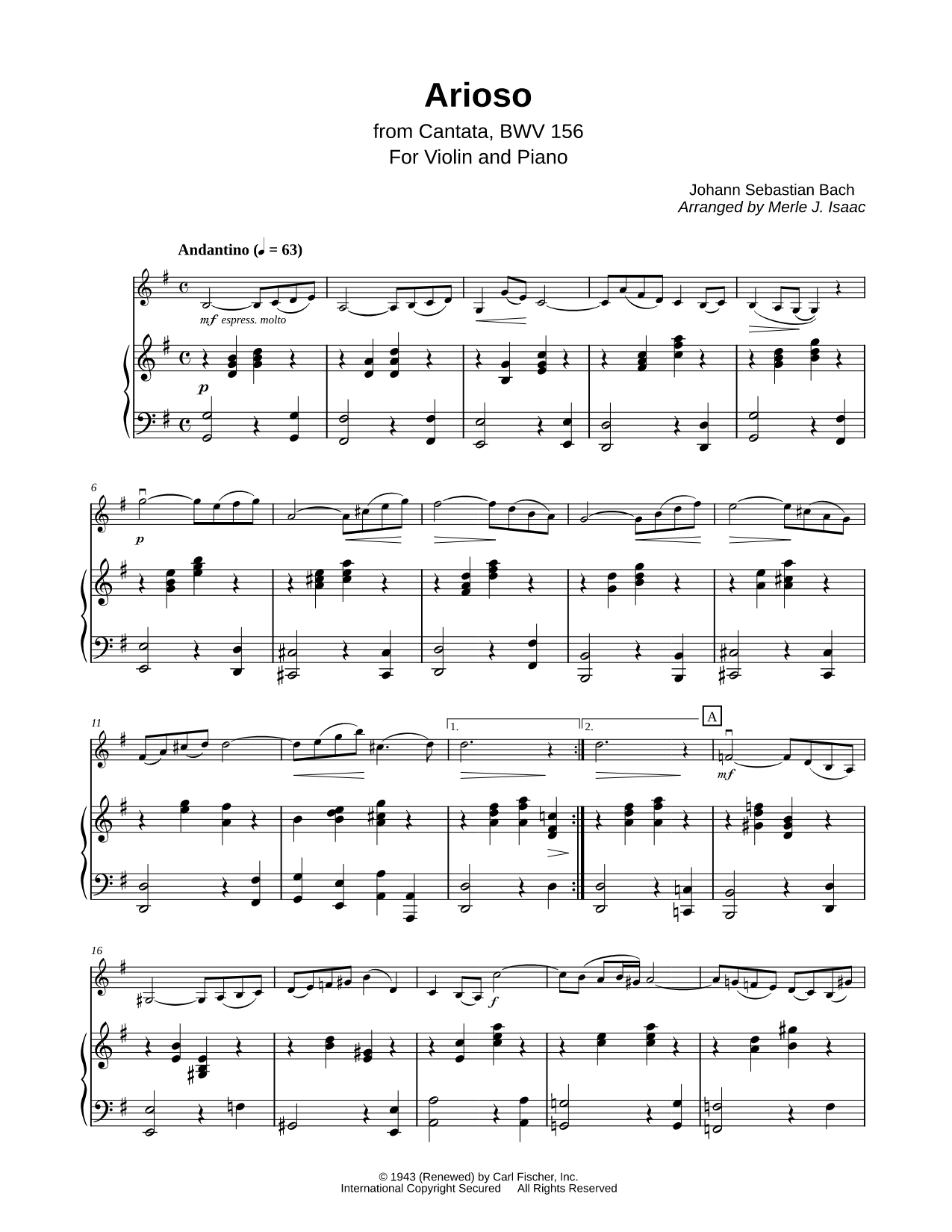 Arioso from Cantata BWV 156 - Violin & Piano