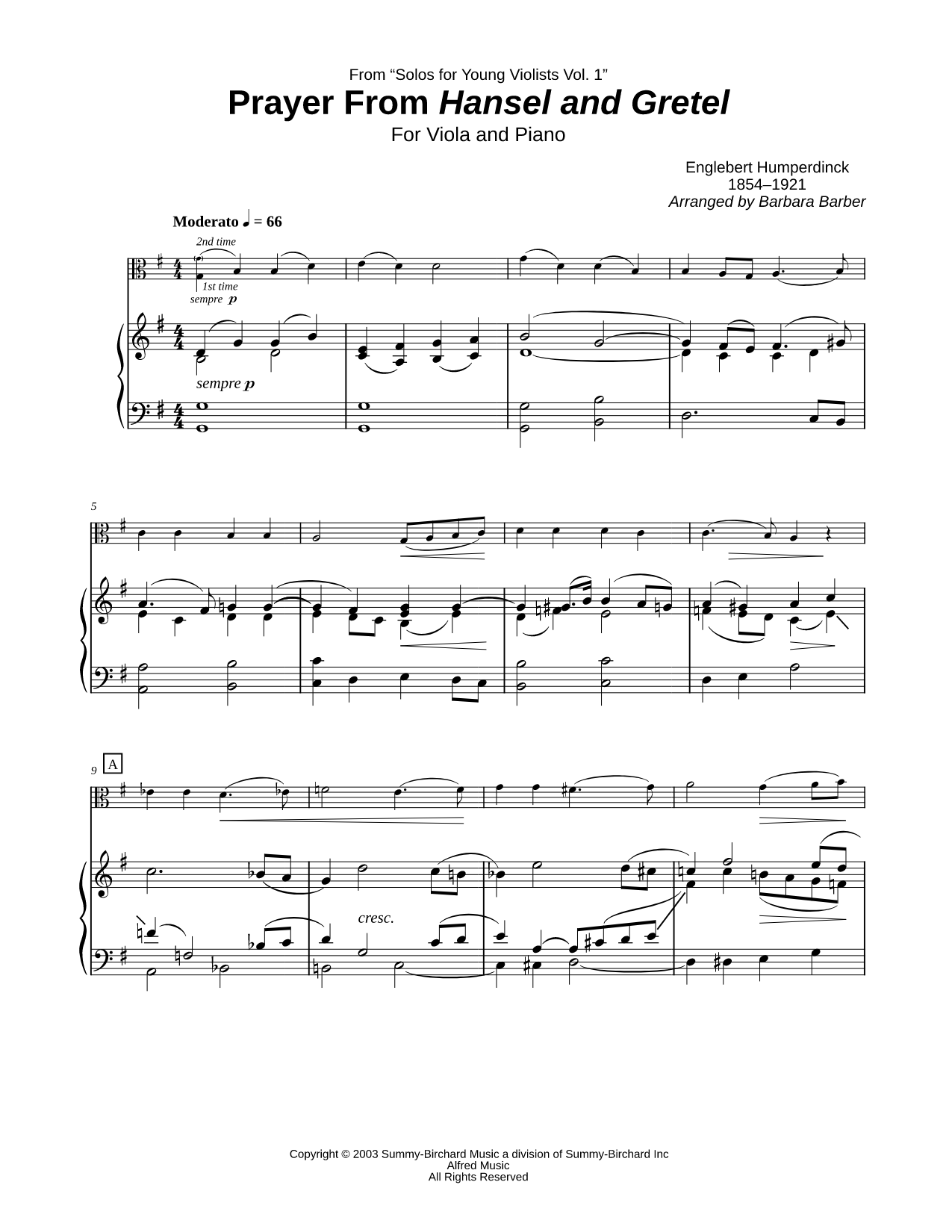 Prayer (from Hansel and Gretel) - Viola & Piano