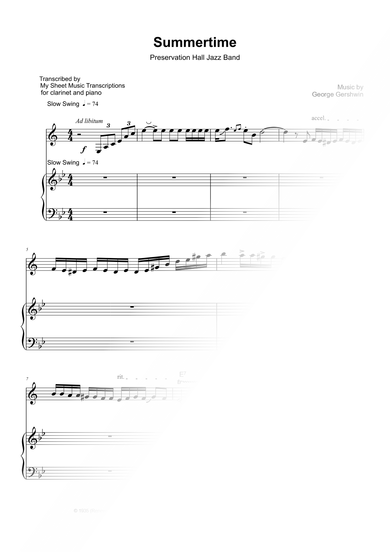 Summertime (Preservation Hall Jazz Band) - Clarinet & Piano