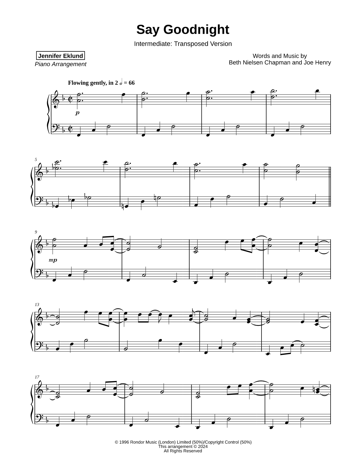 Say Goodnight [intermediate - transposed]