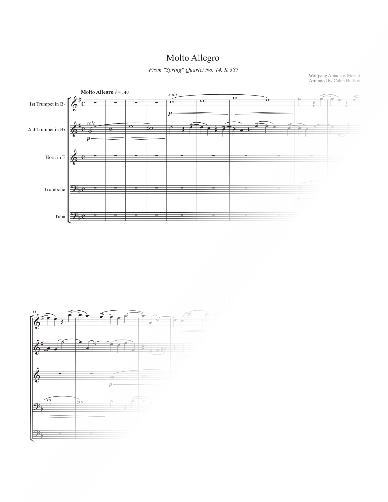Spring Quartet No. 14, K. 387: Molto Allegro - Brass Quintet