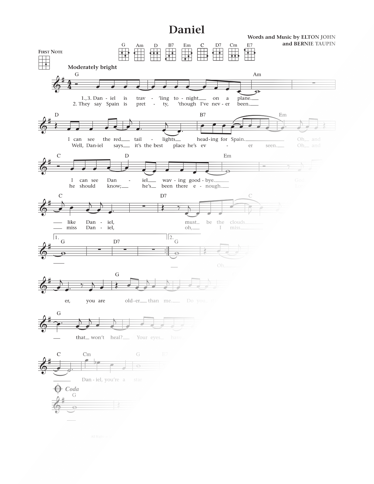 Daniel Sheet Music — Ukulele Leadsheet
