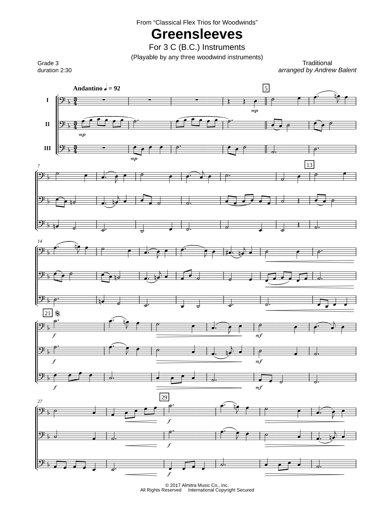 Greensleeves - Bass Clef Flex Trio