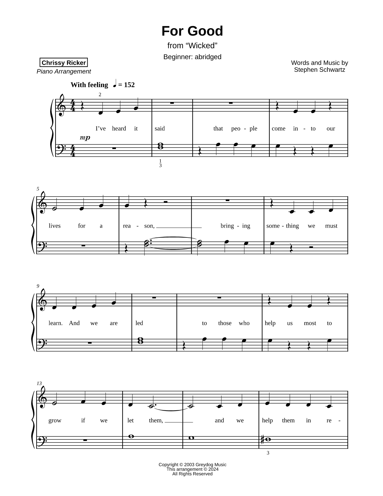 For Good [beginner - abridged] Sheet Music — Piano Solo