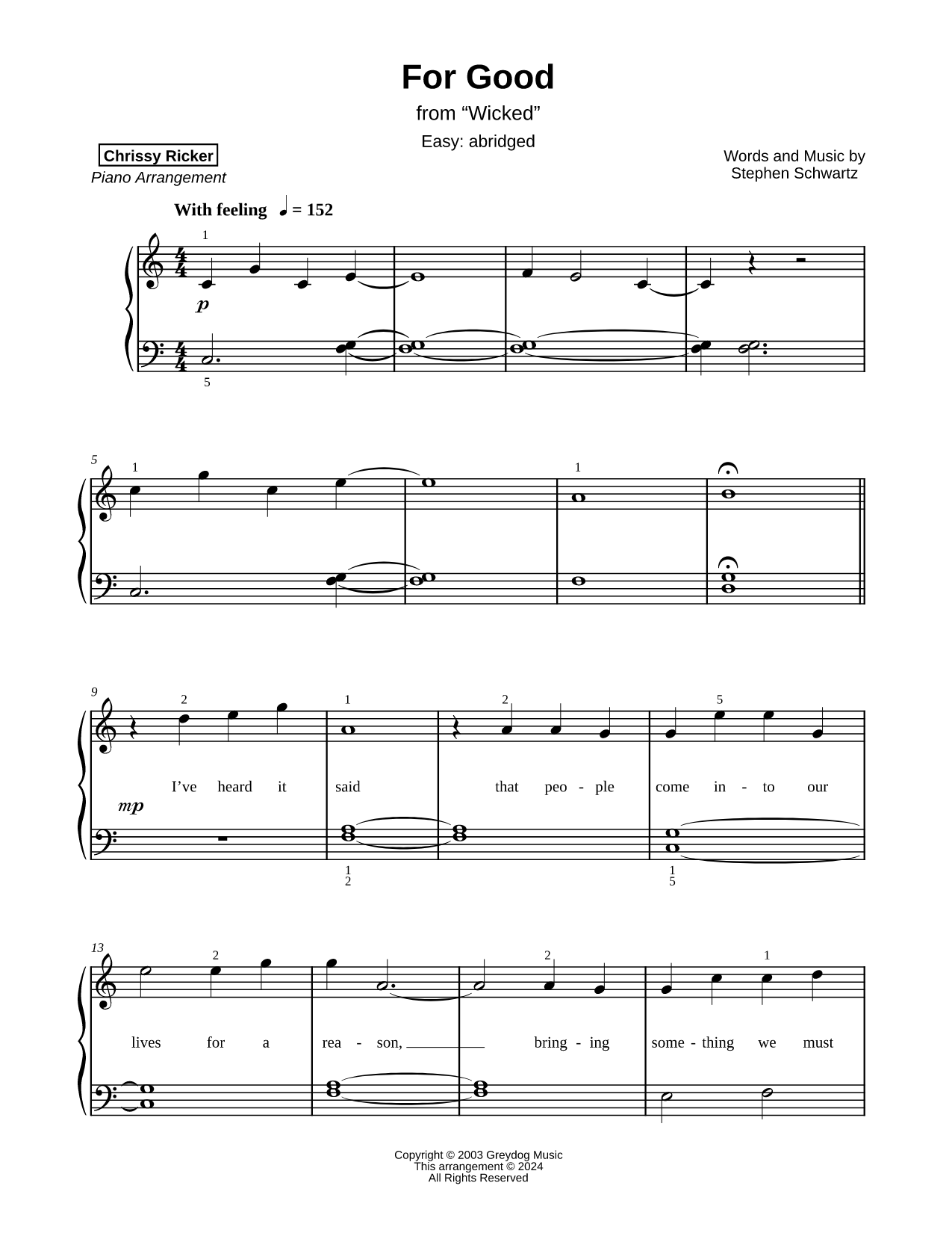 For Good [easy - abridged] Sheet Music — Piano Solo