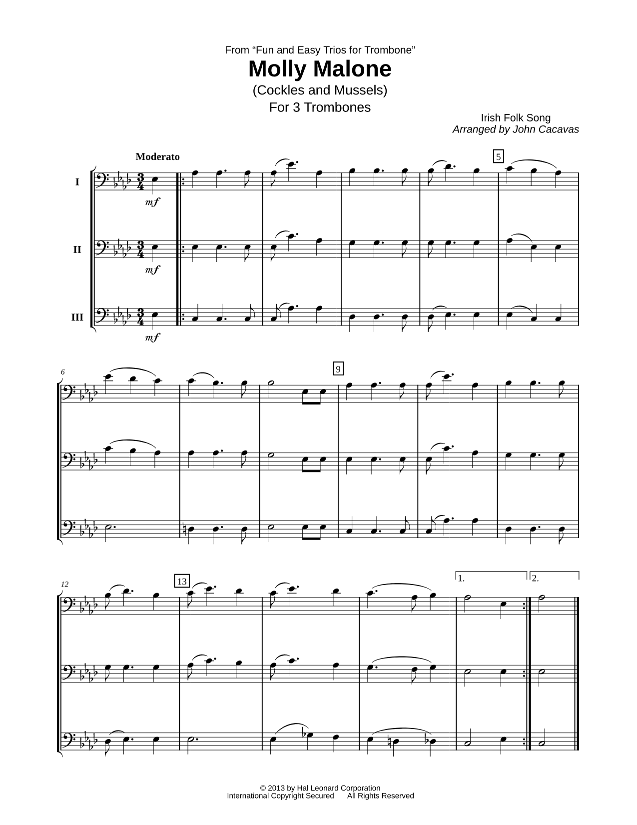 Molly Malone - Trombone Trio Sheet Music — Score &amp; Parts