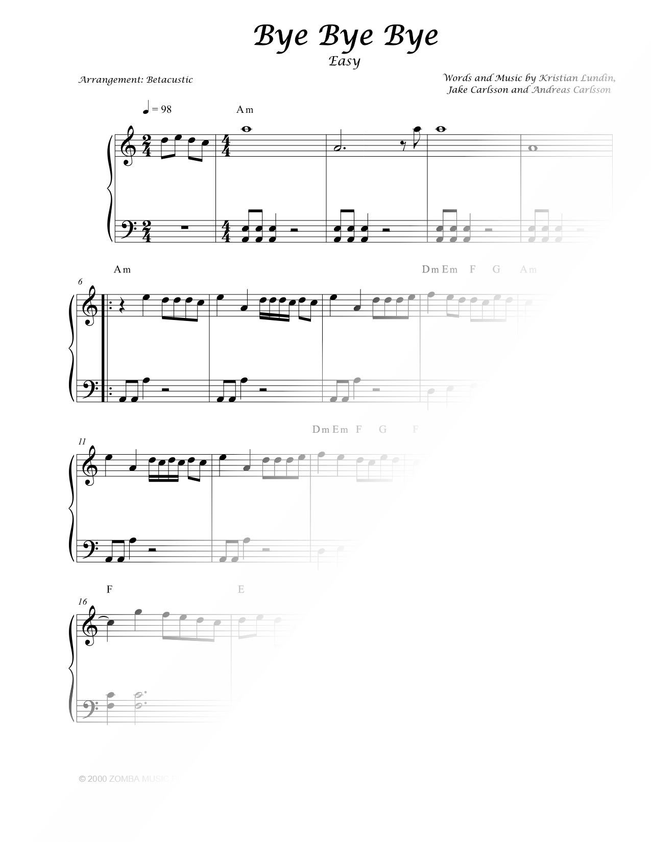 Bye Bye Bye [easy] Sheet Music — Piano Solo