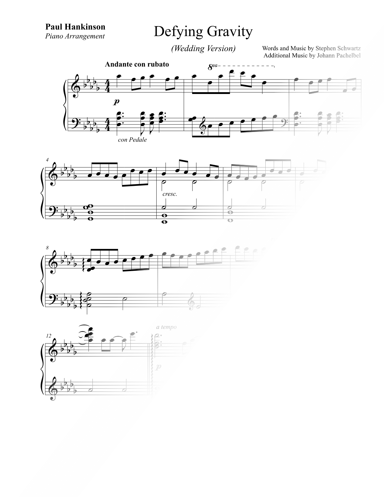 Defying Gravity (Wedding Version) Sheet Music — Piano Solo