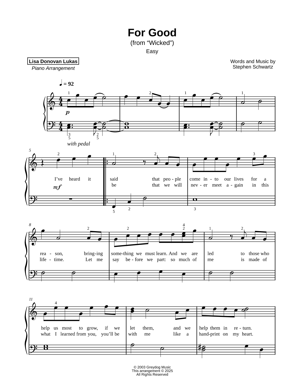 For Good [easy] Sheet Music — Piano Solo