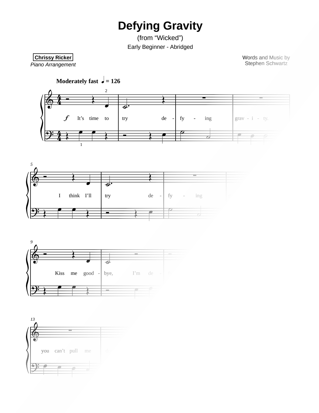 Defying Gravity [early beginner - abridged] Sheet Music — Piano Solo