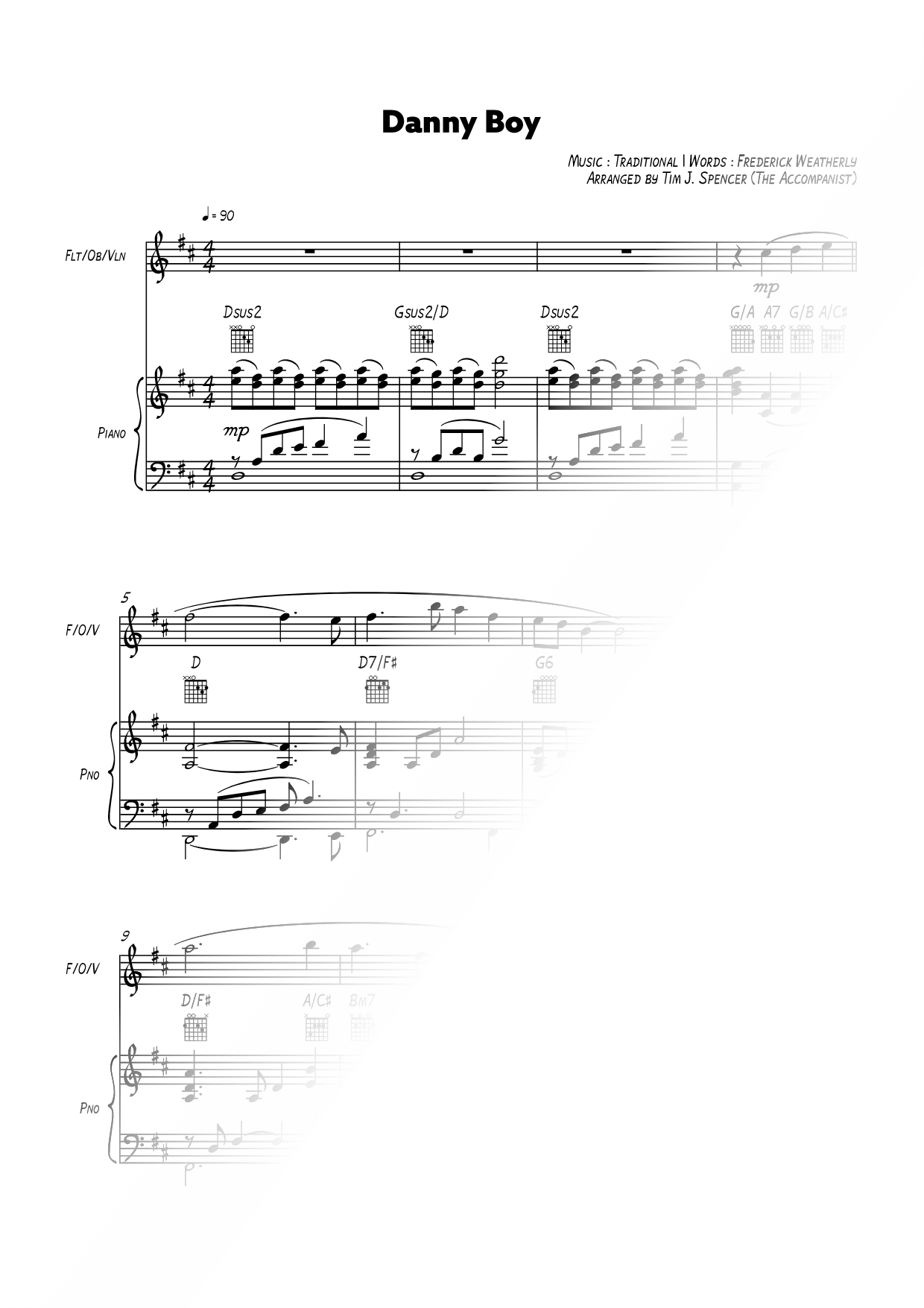 Danny Boy - C Instrument & Piano [key of D]