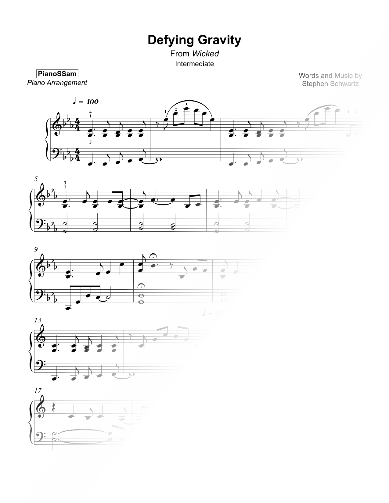 Defying Gravity [intermediate] Sheet Music — Piano Solo