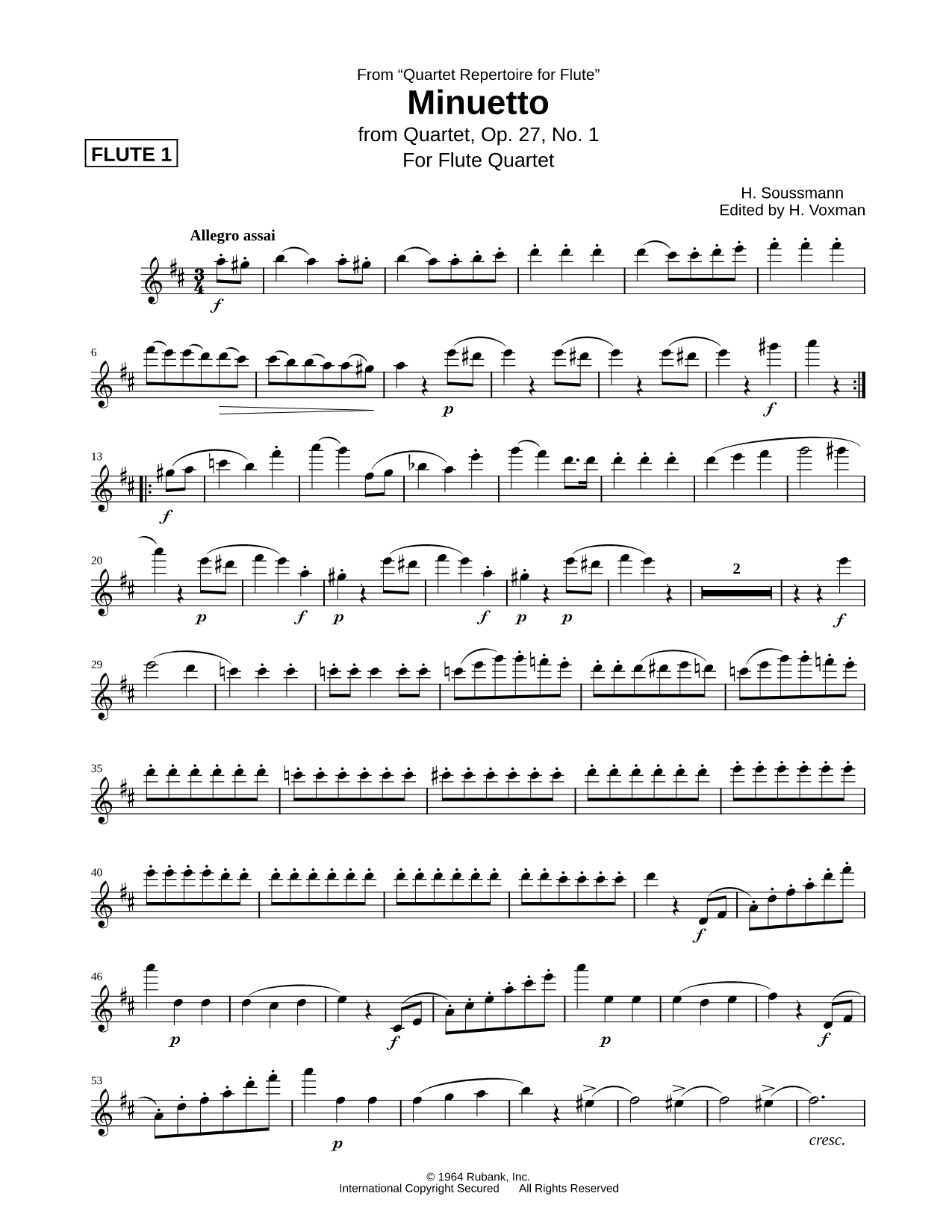 Minuetto from Quartet, Op. 27, No. 1 - Flute 1