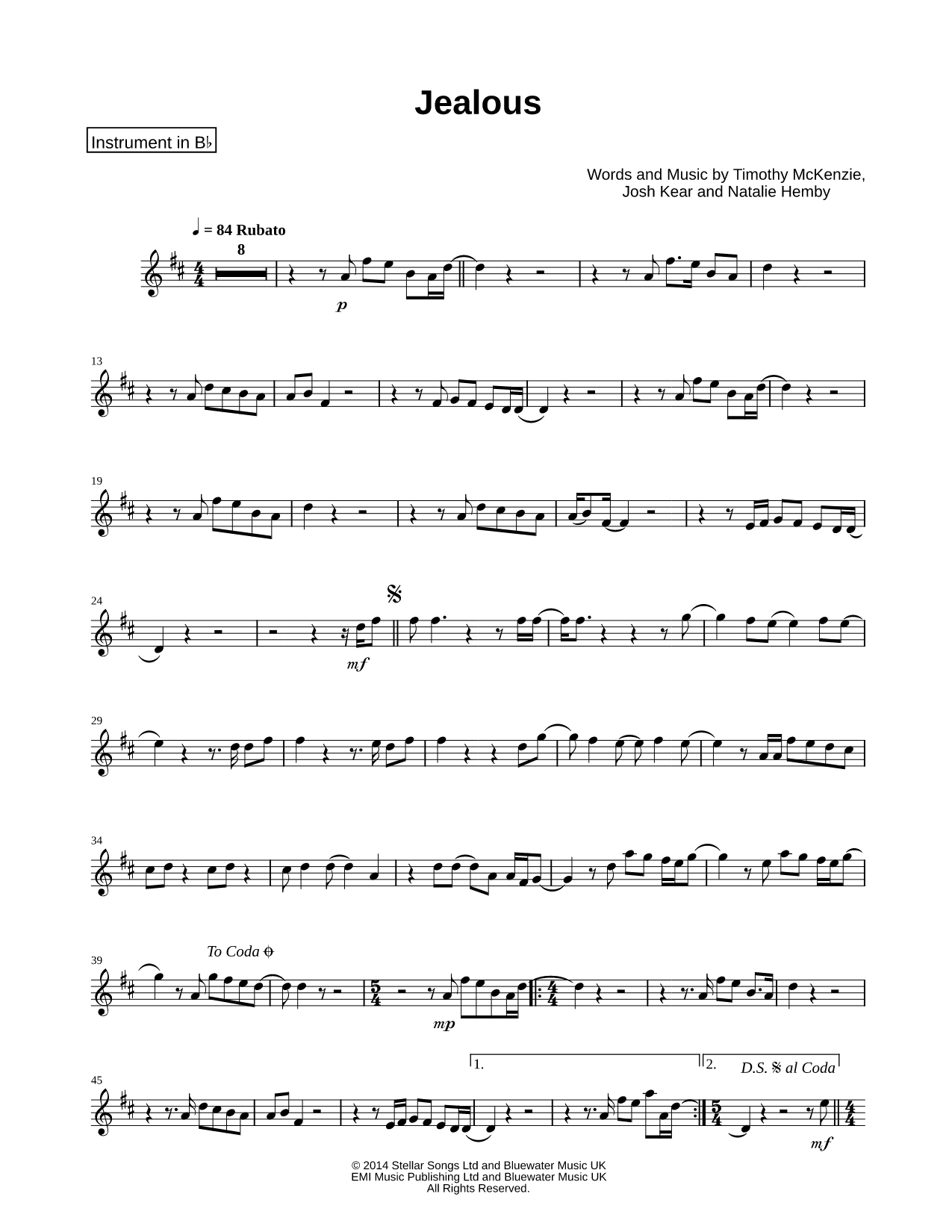 Jealous - Bb Instrument