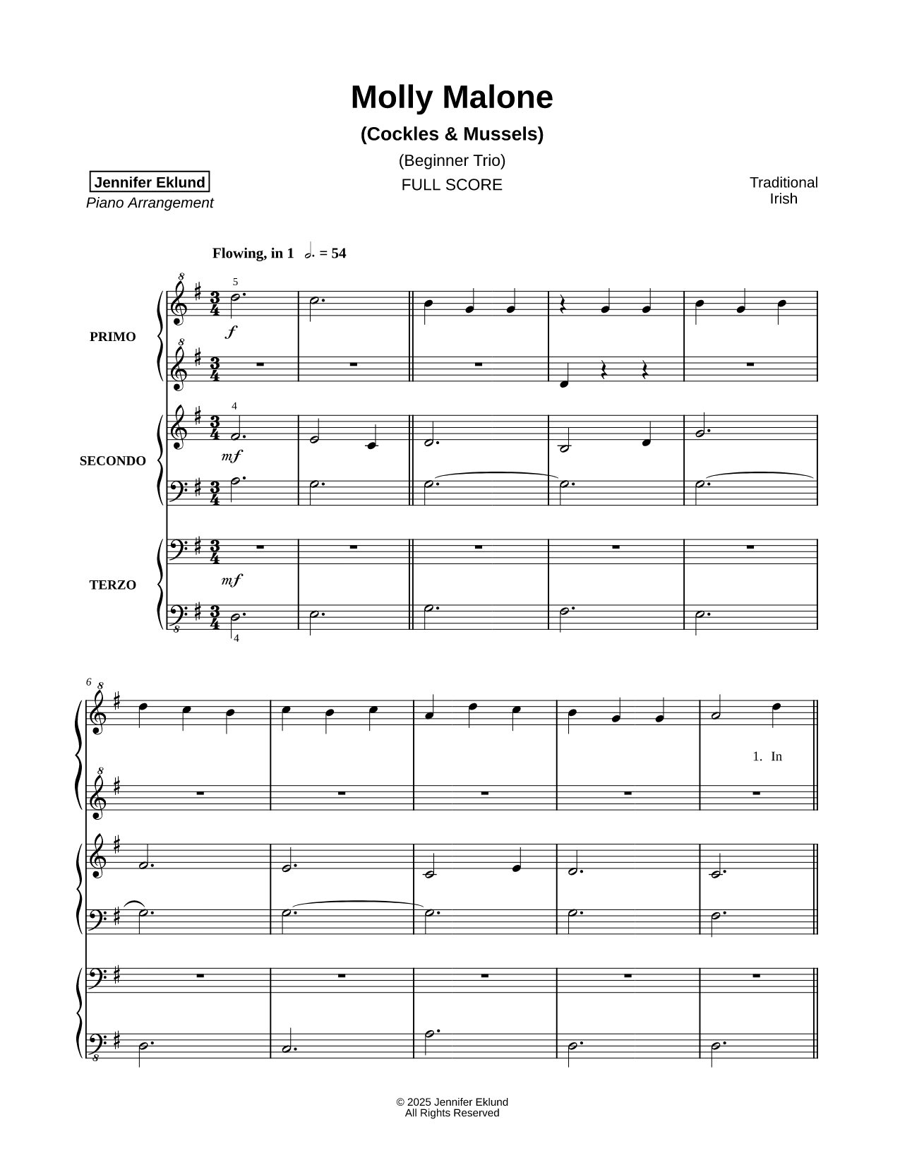 Molly Malone [beginner] Sheet Music — 1 Piano 6-Hands