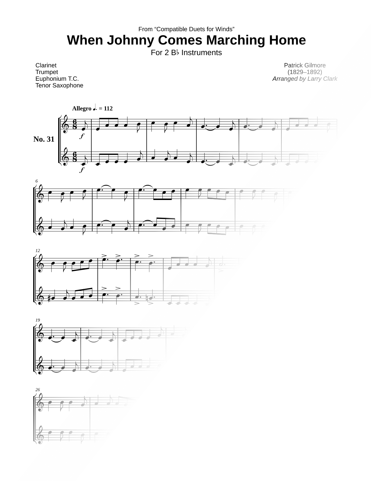 When Johnny Comes Marching Home - Bb Instrument Duet