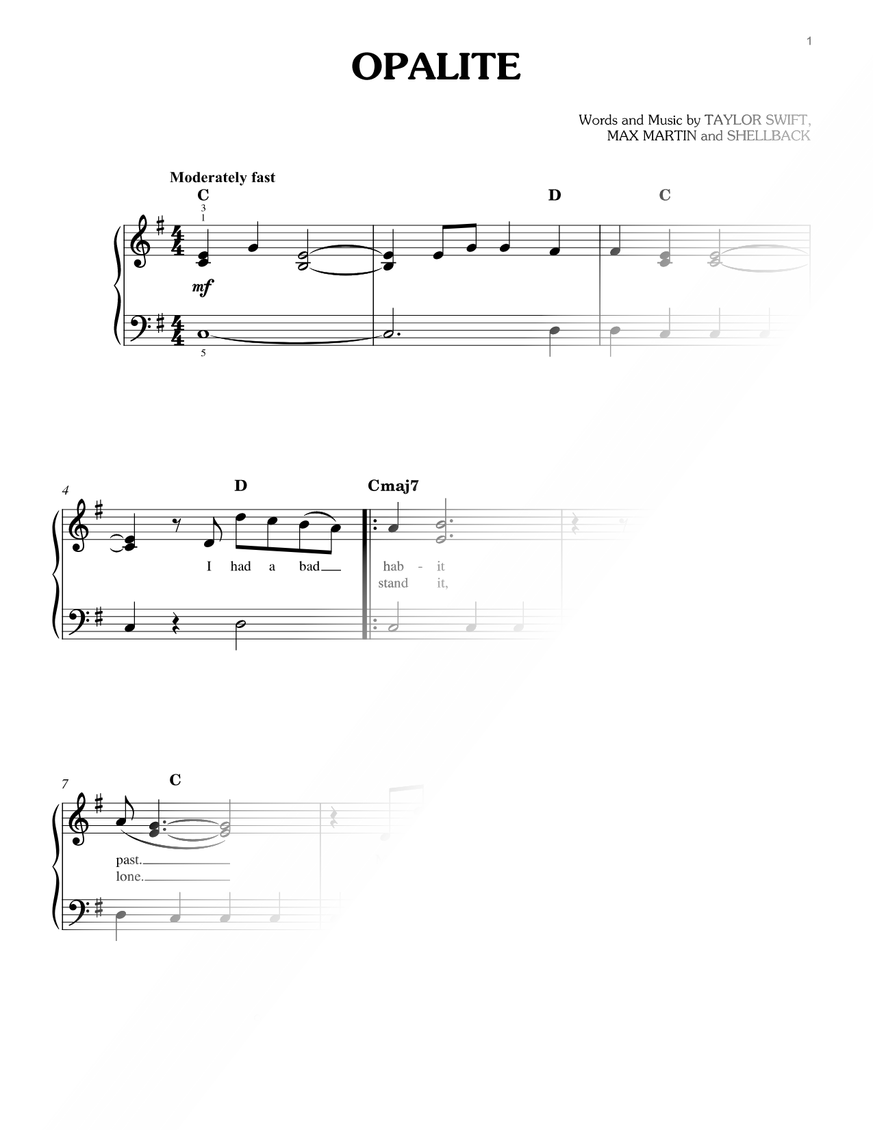 Opalite Sheet Music — Easy Piano