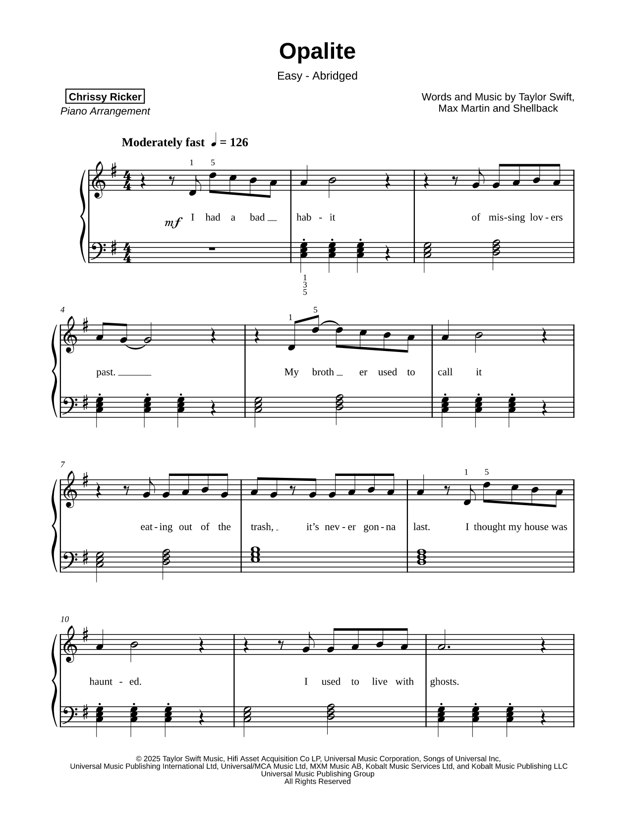 Opalite [easy - abridged] Sheet Music — Piano Solo