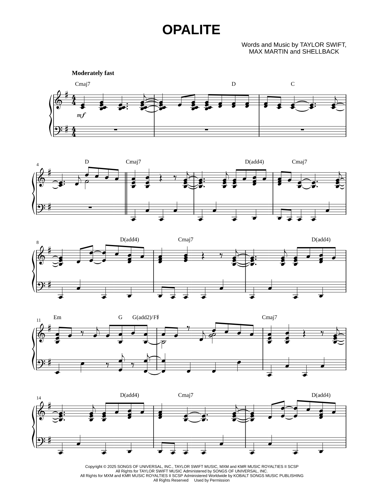 Opalite Sheet Music — Piano Solo