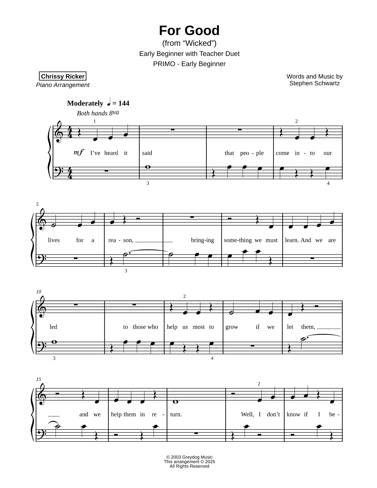 For Good [early beginner] Sheet Music — 1 Piano 4-Hands