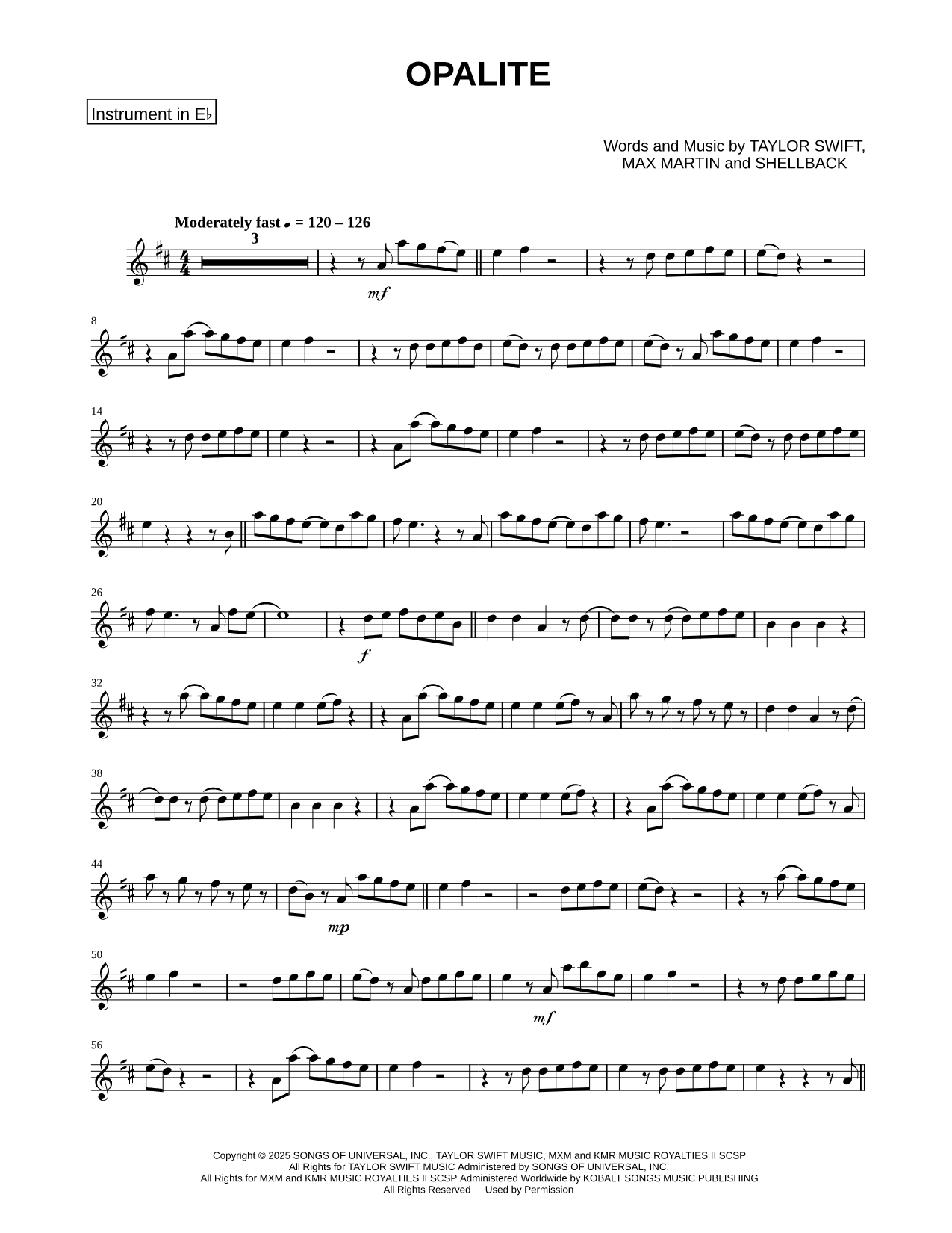 Opalite - Eb Instrument Sheet Music — Alto Saxophone or Baritone Saxophone Solo