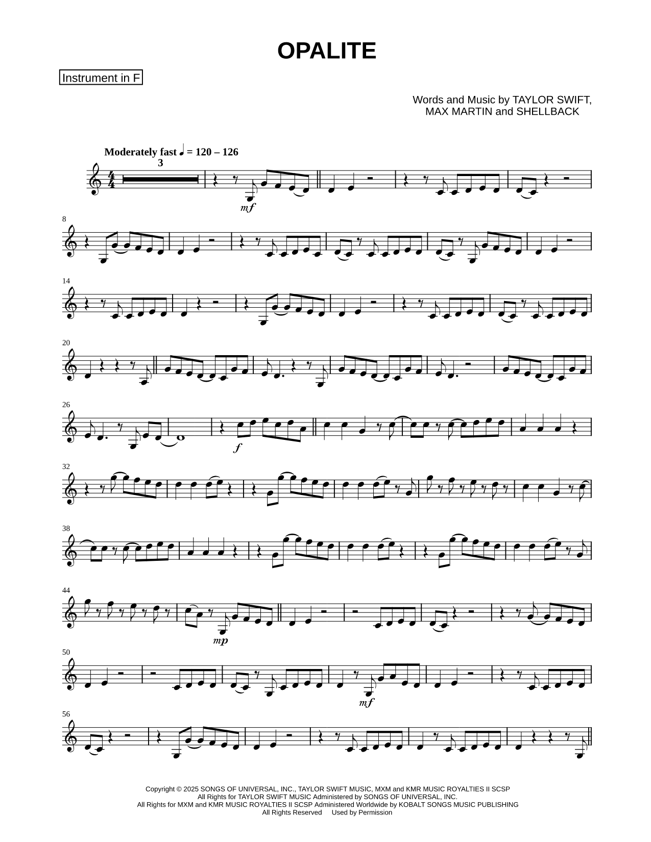 Opalite - F Instrument Sheet Music — F Instrument or French Horn Solo