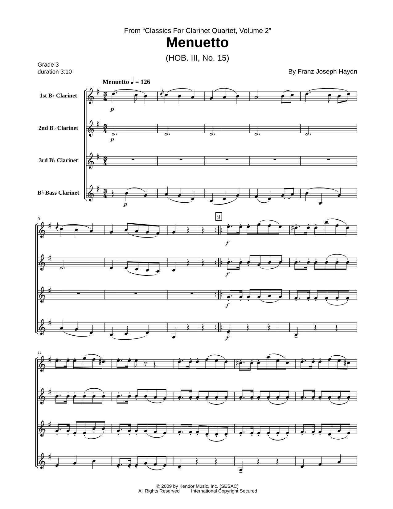 Menuetto (Clarinet Quartet Score)