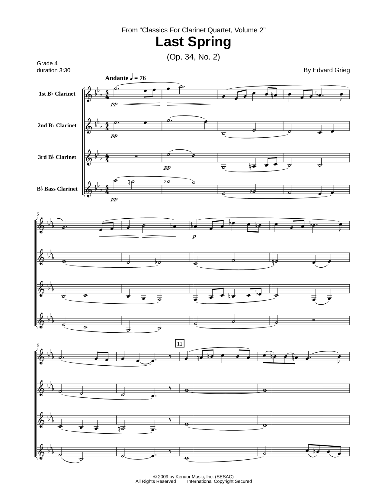 Last Spring (Clarinet Quartet Score)