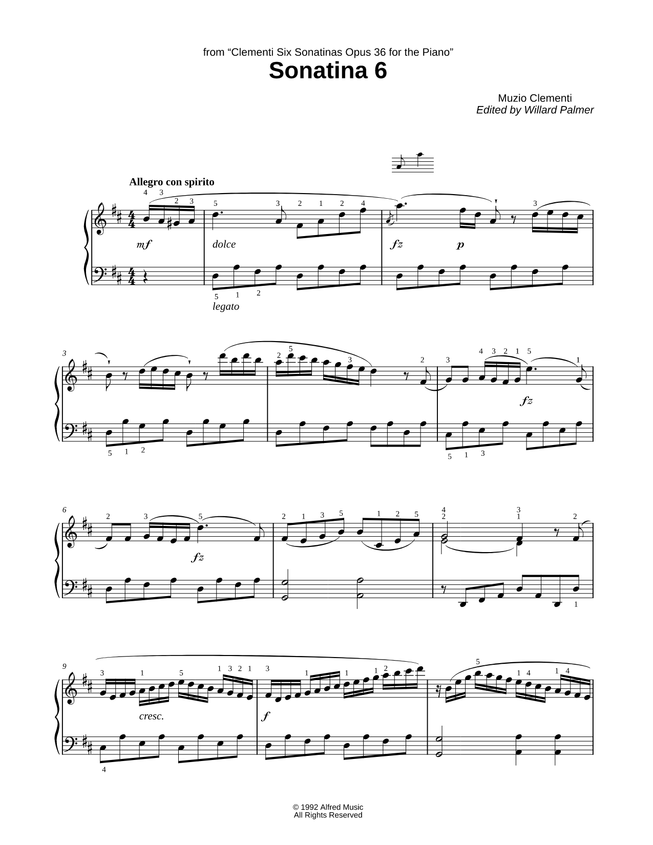 Sonatina in D Major, Op. 36, No. 6 (ed. Willard Palmer)
