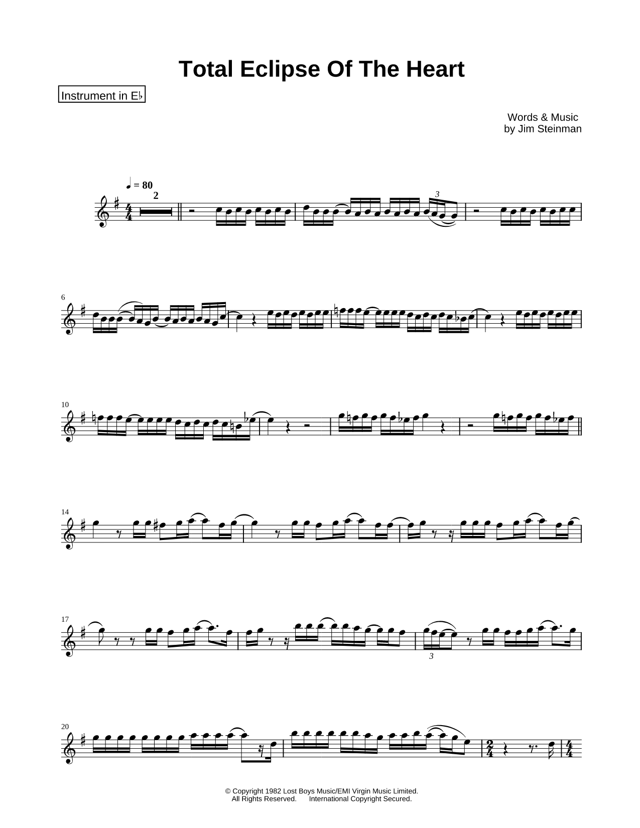 Total Eclipse of the Heart - Eb Instrument