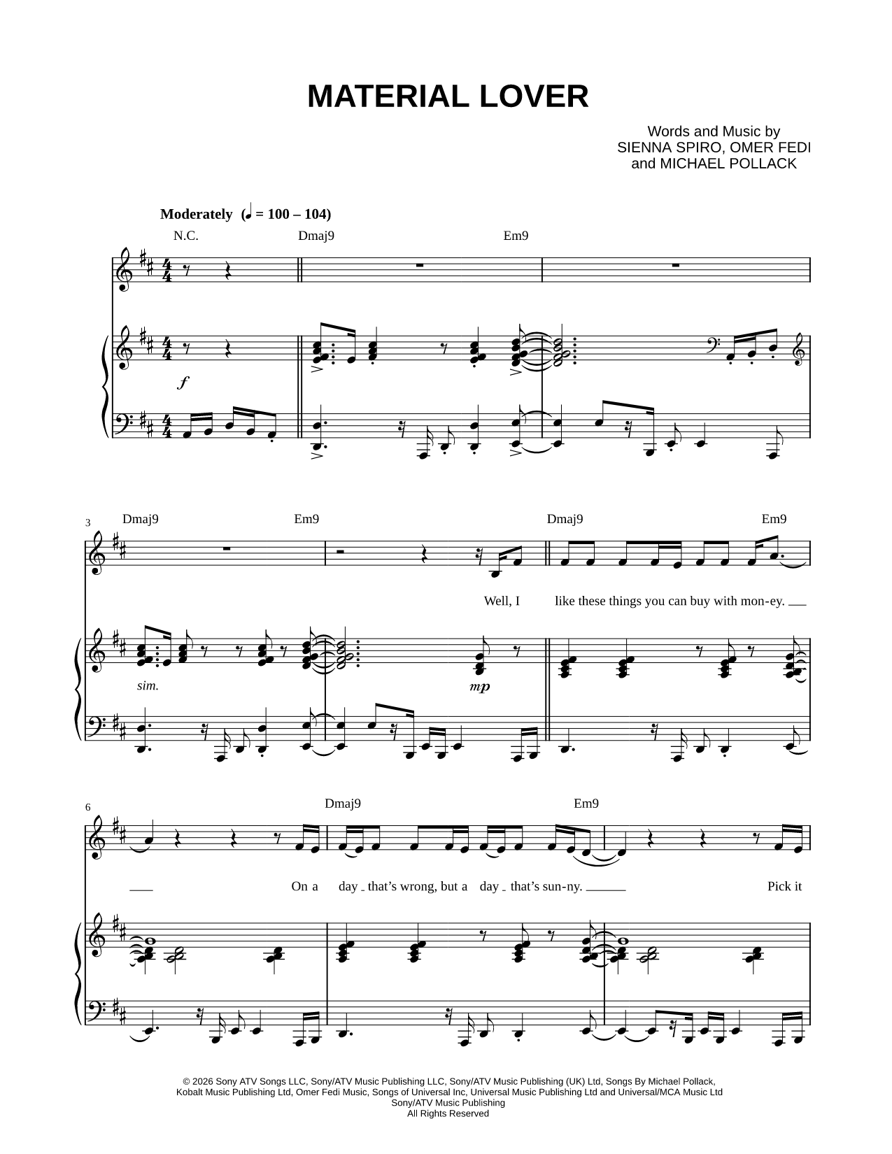 Material Lover - by Sienna Spiro - Piano/Vocal/Chords, Singer Pro